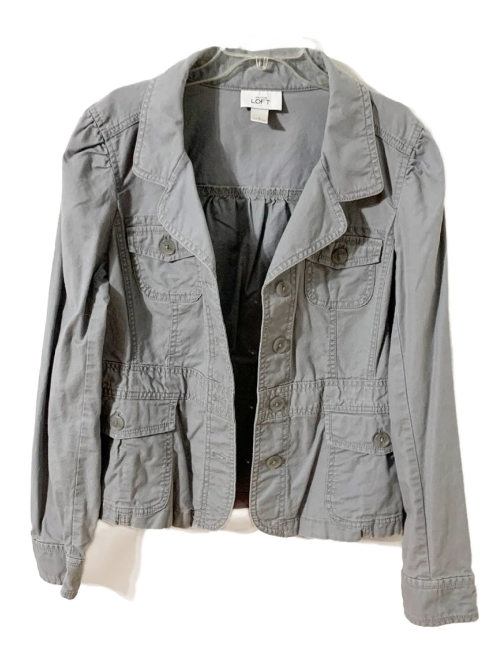 Ann Taylor LOFT Button Front Cotton Jacket Pockets Long Sleeves Puffed Shoulders